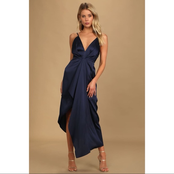 Lulus Dresses & Skirts - NWOT Lulus Caught Feelings Navy Blue Satin Ruffled Midi Dress Small Medium Large